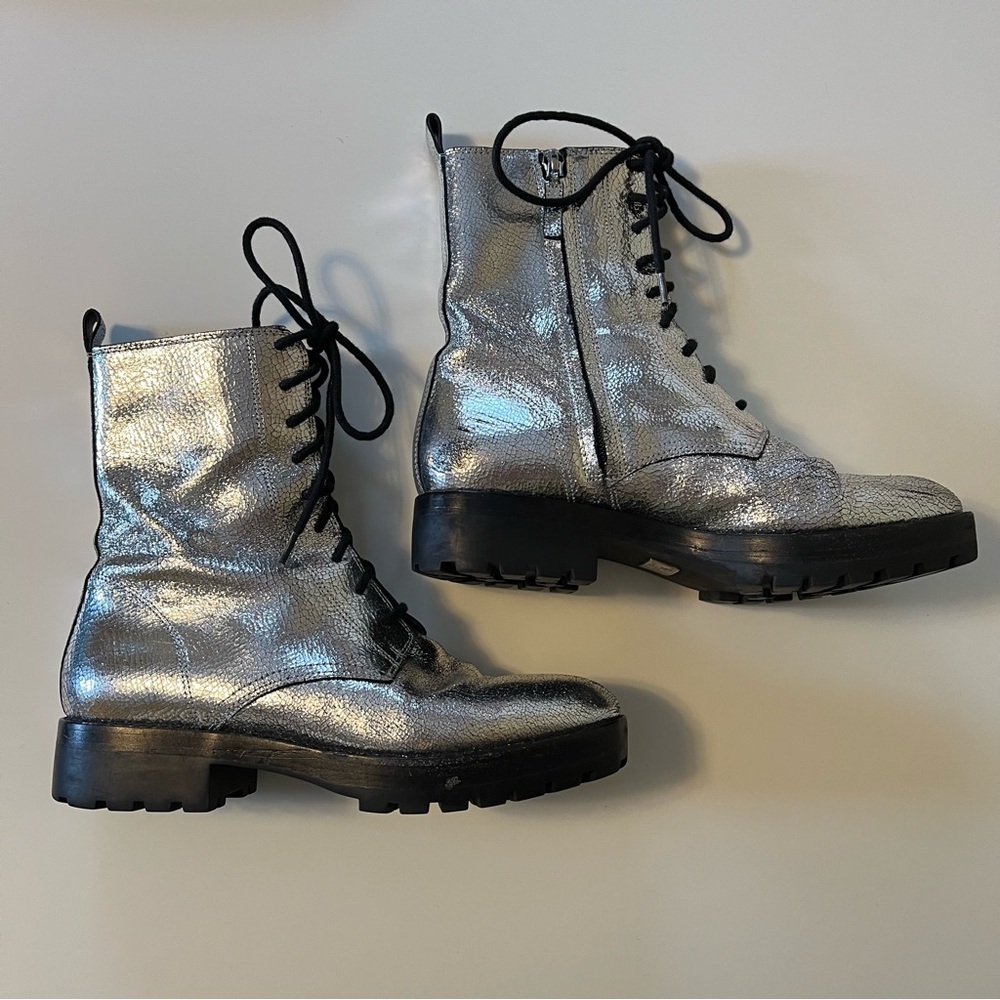 Michael Kors Collection Gita Crackled Silver Metallic Leather Combat Booties - Picture 6 of 13